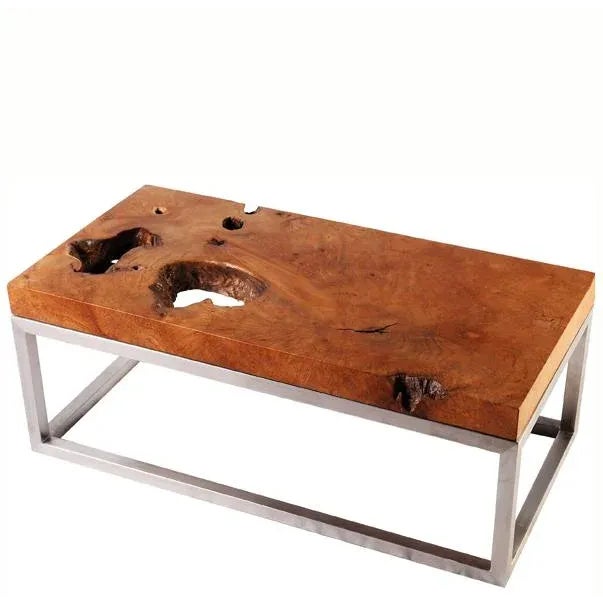 Rustic Solid Teak Top and Stainless Steel Base Coffee Table For Sale - Image 9 of 9