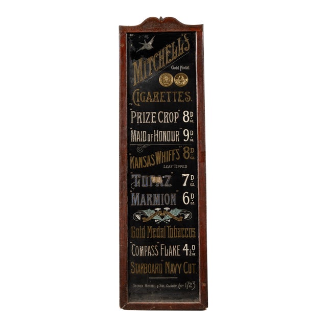 Early Reverse on Glass Gold Leaf Painted Mitchell's Cigarettes Sign For Sale