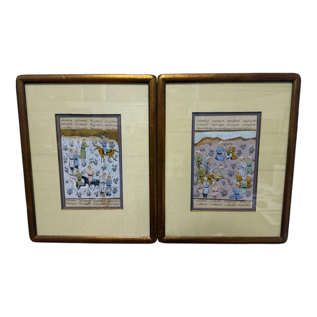 Pair, Persian Manuscript Paintings, Horsemen and Courtly Gathering For Sale