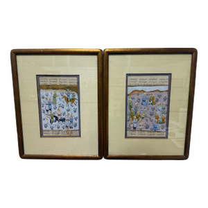 Pair, Persian Manuscript Paintings, Horsemen and Courtly Gathering