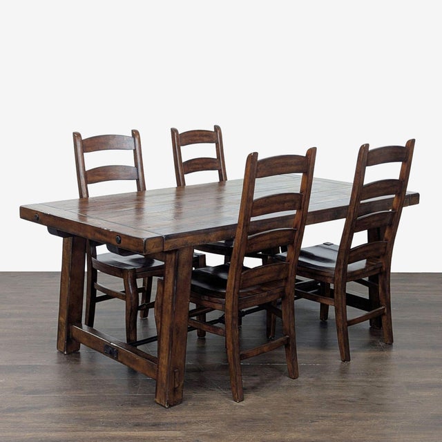 Rustic Pottery Barn Benchwright Rustic Wood Extendable Dining Table With 4 Wynn Chairs For Sale - Image 3 of 14