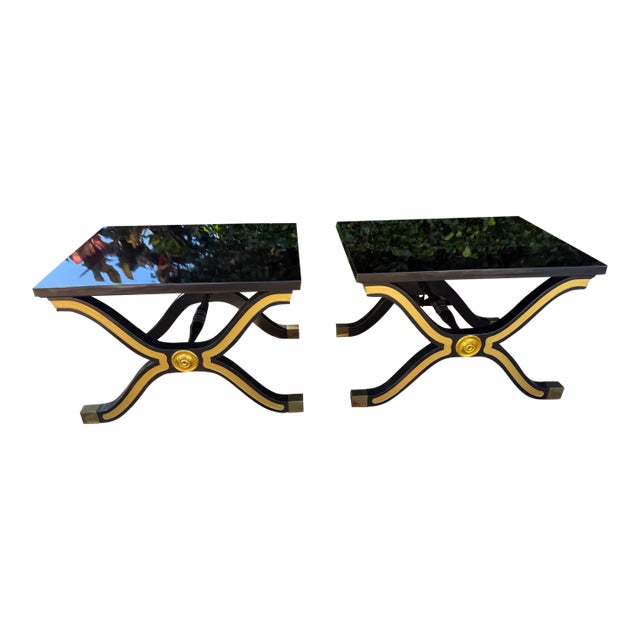 Pair of Hollywood Regency Black Lacquer & Gilt Side Tables by Heritage Furniture, Circa 1980s For Sale