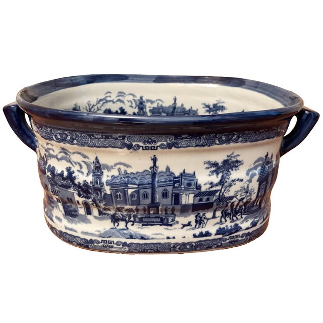 Vintage Blue and White Toile Footbath For Sale - Image 4 of 6