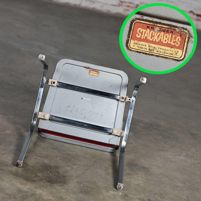 Mid-20th Century MCM Stackables Folding Chair Side Table by Krueger W/Steel Frame Red & Black Vinyl For Sale - Image 10 of 12