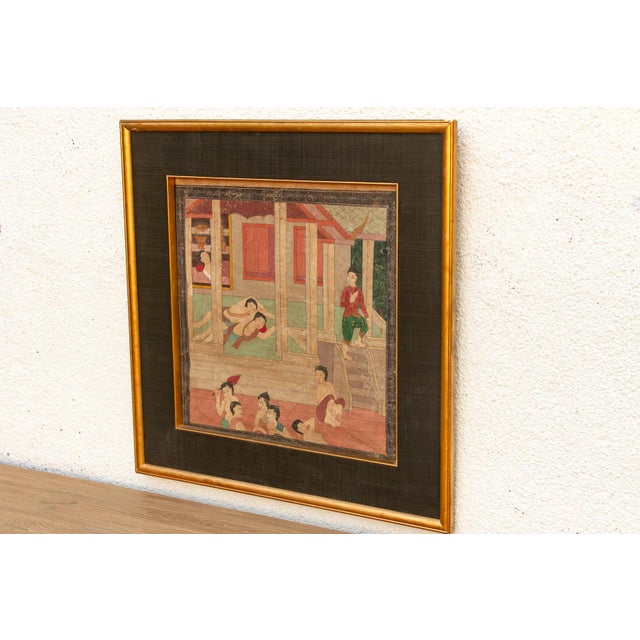 Mid 20th Century Vintage Thai Pavilion Gathering Narrative Painting For Sale - Image 5 of 8