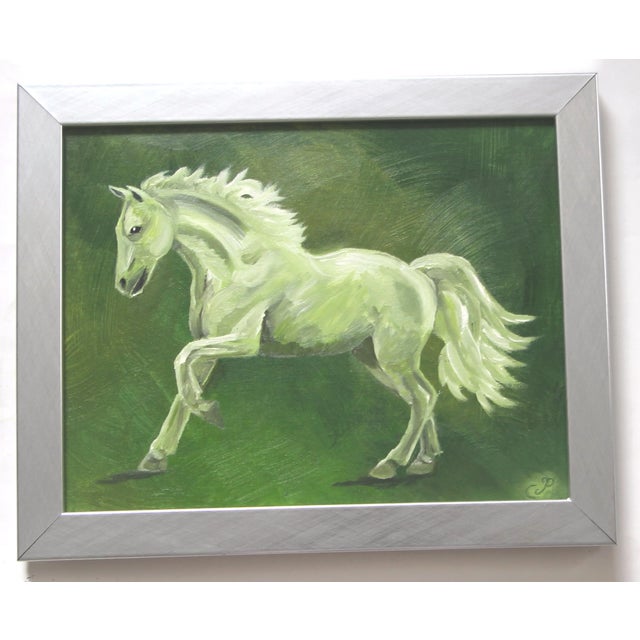 An elegant horse in shades of army , forest, lime greens on a mottled green landscape background.. Impressionism ,...