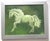 An elegant horse in shades of army , forest, lime greens on a mottled green landscape background.. Impressionism ,...