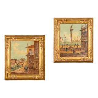 Aldo Grossi, Venetian Canal Scene, 1890s, Oil Paintings on Board, Framed, Set of 2 For Sale