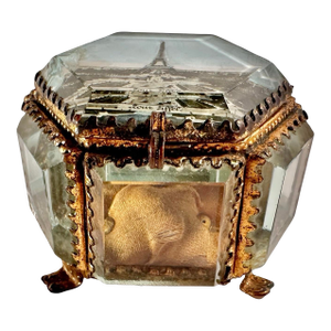 Antique Eiffel Tower Ormolu Jewelry Casket, Photographic Glass Souvenir Box With Iridescent Inlays, Paris Belle Époque C. 1889–1900