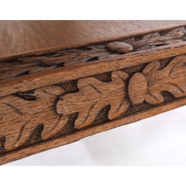 Heavily Fine Carved Oak Small Partners Desk Console Writing Table Mint For Sale - Image 18 of 18