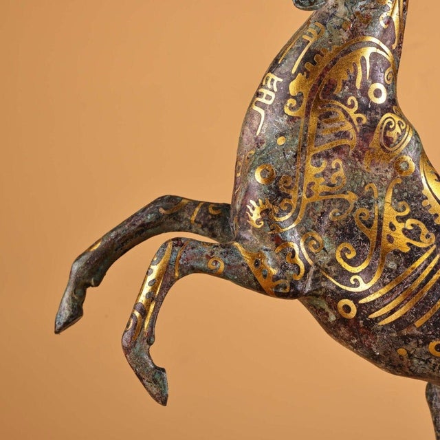 Bronze Leaping Antelope Sculpture, Intricate Gold Inlaid Scroll Patterns, Archaic Chinoiserie Statue For Sale - Image 9 of 10