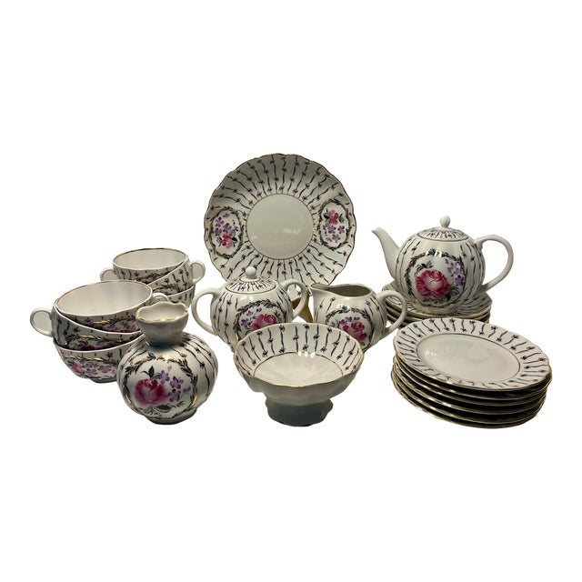 1960s Ussr Period Lomonosov Floral Pattern 22kt Gold Trim Porcelain Tea Set- 22 Pieces For Sale