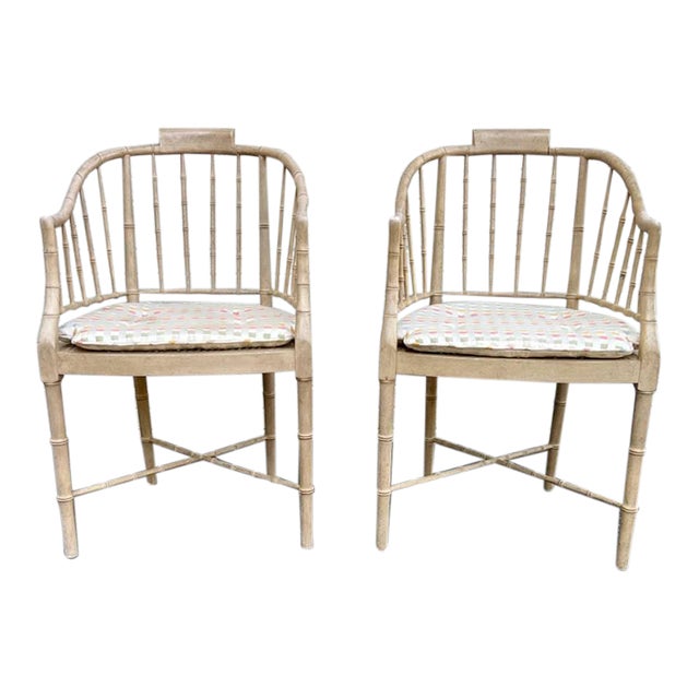 Pair of Mid 20th Century Baker Furniture Vintage Regency Style Tan Color Faux Bamboo Cane Seat Tub Chairs For Sale