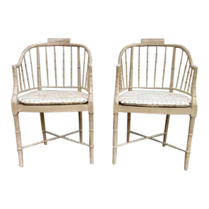Pair of Mid 20th Century Baker Furniture Vintage Regency Style Tan Color Faux Bamboo Cane Seat Tub Chairs