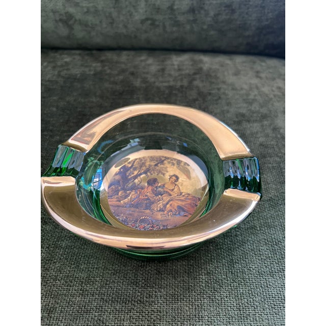 Vintage Italian Romeo & Juliet Ashtray Trinket Dish Green Glass With Gold 1950 For Sale - Image 11 of 12