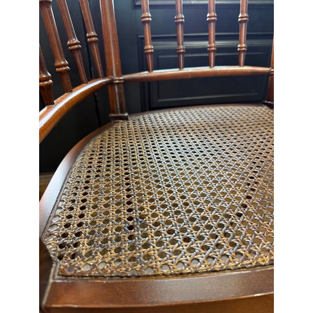 Pair of Baker Furniture Attributed Faux Bamboo Barrel Back Armchairs With Original Cane Seats & Cushions For Sale - Image 12 of 18