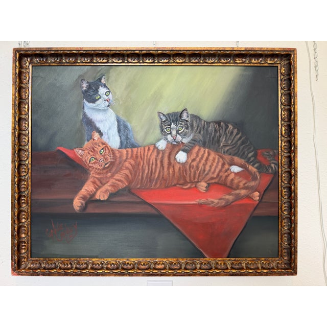Signed Oil Painting of Three Cats, Cat Lover Wall Art, Framed Feline Portrait For Sale - Image 11 of 11