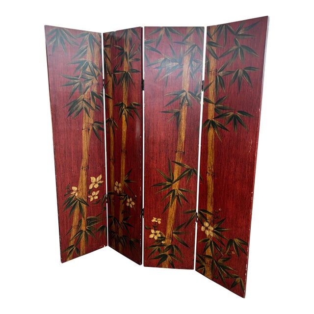 1970s Crimson Red Bamboo Themed Room Divider Coromandel Screen For Sale