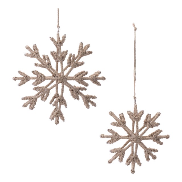 Iron and Jute Snowflake Ornament Set of 4  4" & 5"H For Sale