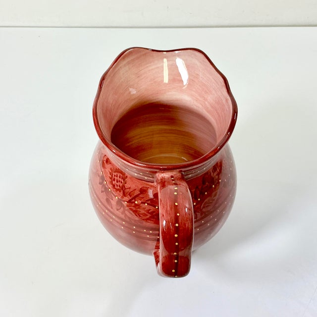 1990s Boho Chic Farmhouse Scalloped Handle Hand Painted Ceramic Pitcher. For Sale - Image 6 of 14