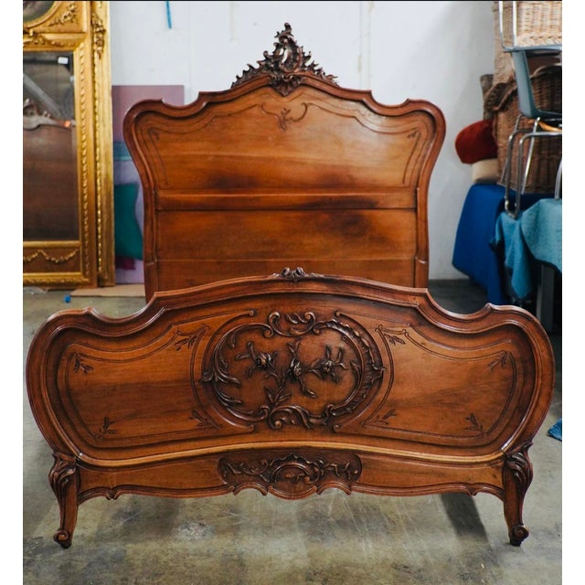 Rococo Antique French Louis XV–Style Carved Walnut Bed With Floral Rocaille Details For Sale - Image 3 of 4