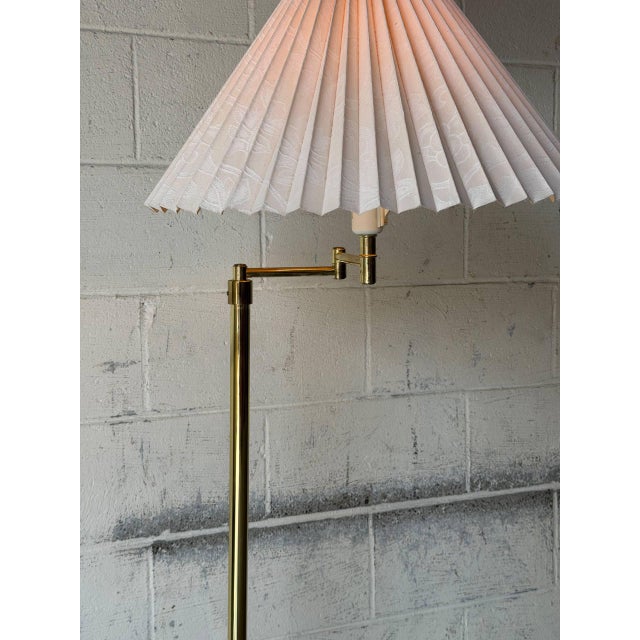 Brass Brass Swing-Arm Floor Lamp With Pleated Shade Danish Mid-Century Modern 1960s For Sale - Image 8 of 11