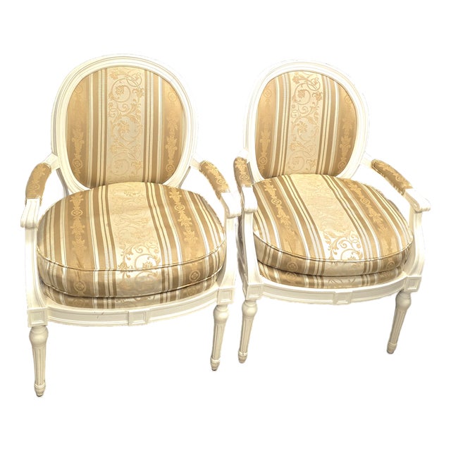 Vintage Painted French Country Upholstered Arm Chairs a Pair For Sale