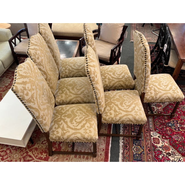 2000 - 2009 French Louis XIII Style High Back Damask Dining Chairs, Set of Six For Sale - Image 5 of 13