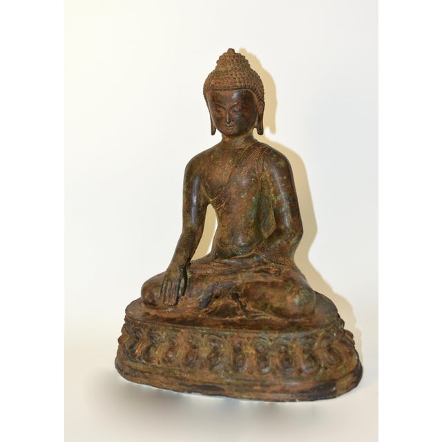 Traditional Large Antique Bronze Buddha Shakyamuni on Double Lotus For Sale - Image 3 of 18