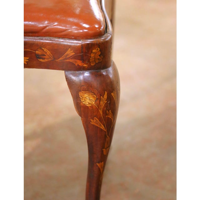 19th C. Dutch Baroque Walnut Inlaid Dining Chairs With Leather Seats, Set of 10 For Sale - Image 9 of 12