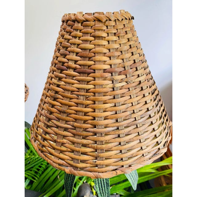 Copper Vintage Italian Monkey Lamps With Tole Palm Trees & Wicker Shades - A Pair For Sale - Image 8 of 10