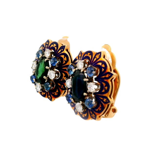 1950s 1950s Mid-Century Sapphire Diamond Enamel 14k Yellow Gold Earrings, A Pair For Sale - Image 5 of 5