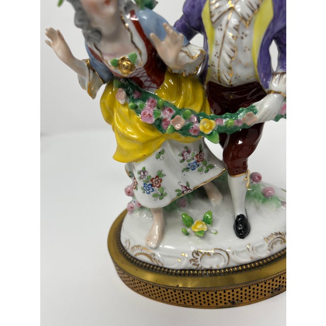 White Pair of Dresden Style Porcelain Courting Couple Figurines on Pierced Metal Bases, Circa 1900 For Sale - Image 8 of 10