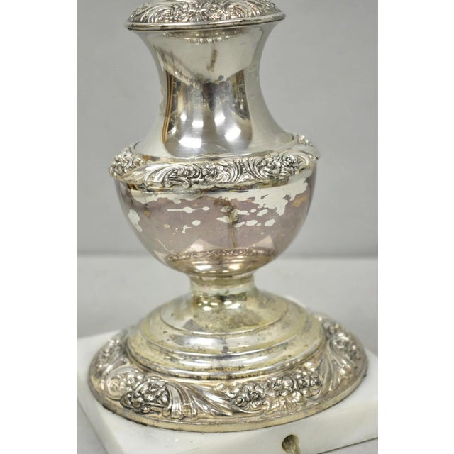 Mid 20th Century International Victorian Silver Plate Floral Repousse Candlestick Table Lamp Pair For Sale - Image 10 of 18