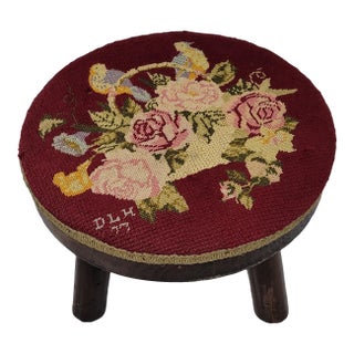 Vintage Needlepoint Footstool, Round Wood, Rustic Farmhouse Folk Art For Sale
