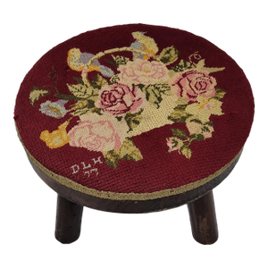 Vintage Round Footstool Pettie Point Wood Rustic Farmhouse Needlepoint Country Folk Art Stool