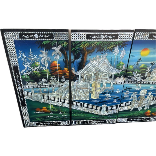 Mid-Century Modern The One Pillar Pagoda (Chùa Một Cột) Mother-of-Pearl Inlay Vintage Four-Panel Decorative Wall Installation – Hanoi Vietnam For Sale - Image 3 of 6