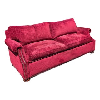 Theodore Alexander English Traditional Crimson Chenille Rolled-Arm Sofa With Nailhead Trim For Sale