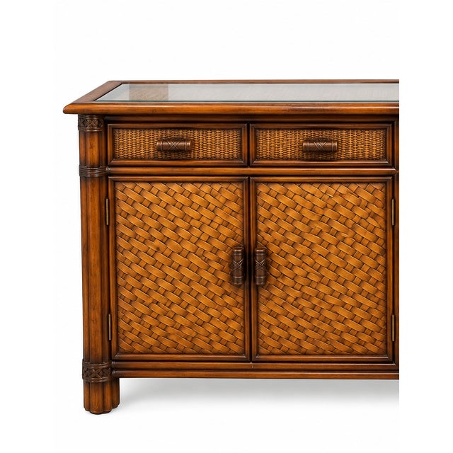 Wood Vintage Rattan and Bamboo-Style Sideboard With Glass-Inset Top – Tropical Regency Cabinet For Sale - Image 7 of 9