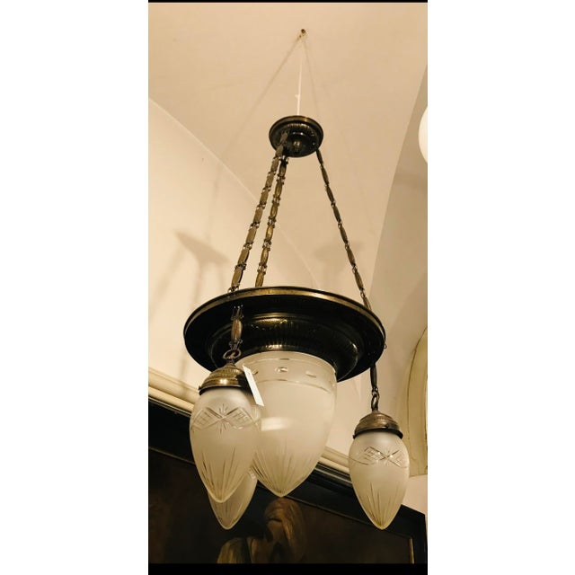 Fabulous Art Deco 3 arms pendant chandelier from Austria. Cut frosted glass domes with large central one. All original...