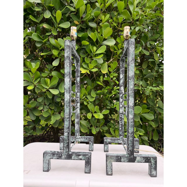 Verdigris Vintage Large Postmodern Memphis Style Iron Table Lamps With Faux Verdigris Finish, Pair For Sale - Image 8 of 12