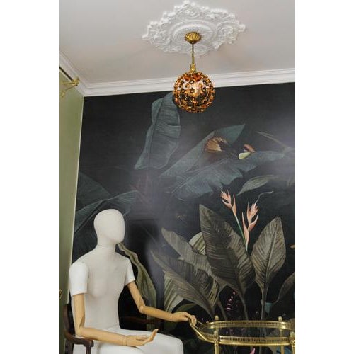 Hollywood Regency Style Gilt Metal Floral Sphere Pendant Light, Italy, 1970s For Sale - Image 12 of 18