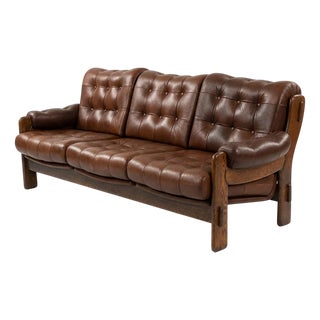 Three-Seater Leather Sofa with Brown Tufting, 1970s For Sale