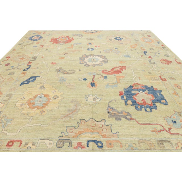 Modern Oushak Style Hand-Knotted Wool Area Rug – Sage Green & Multi 12x16 For Sale - Image 9 of 11