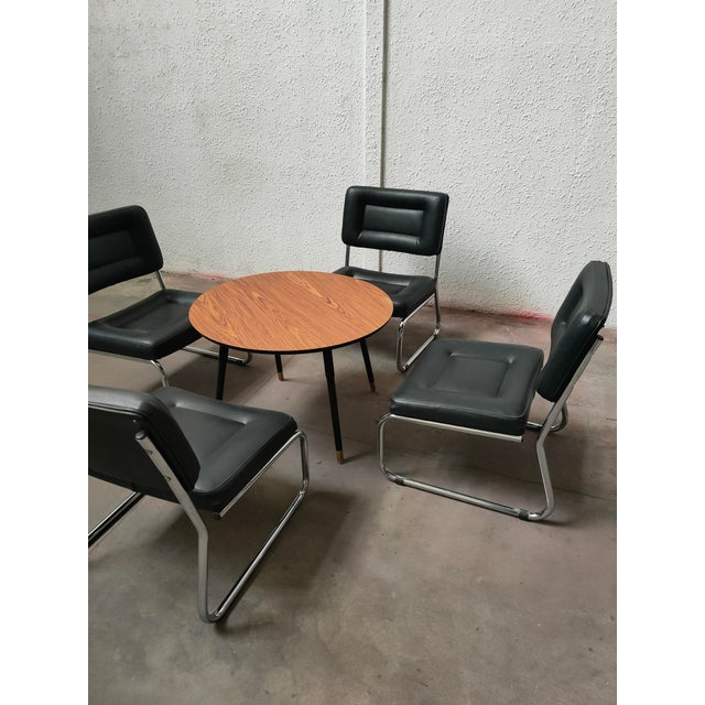 Black Mid-Century Leather Table & Chairs, Spain, 1980, Set of 5 For Sale - Image 8 of 12