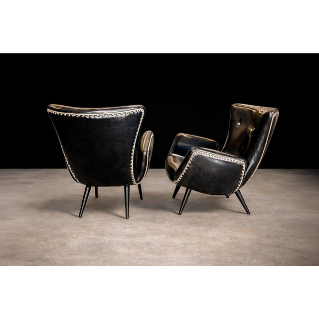 Pair of Armchairs in & Faux Black Leather, Unknown, 1950s For Sale - Image 9 of 9