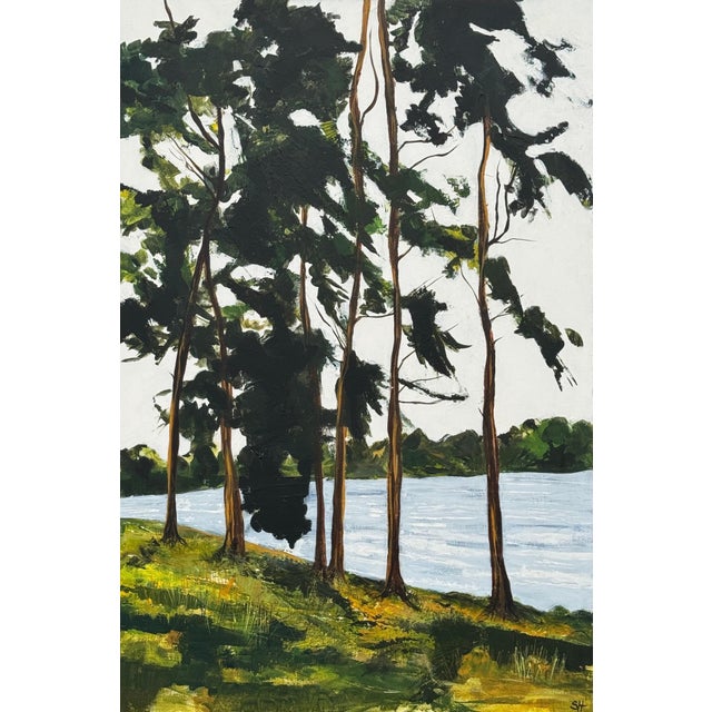 Tall Riverside Pine Trees in the English Countryside with dappled light & water 2009 For Sale