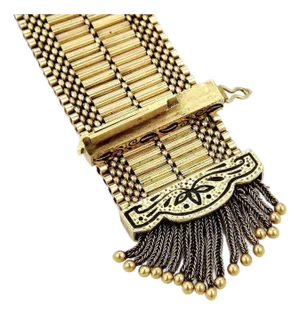 Retro Hidden Geneva Watch 14k Gold & Enamel Wide Belt & Buckle Tassel Bracelet