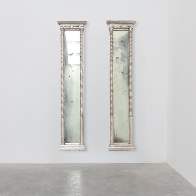 Neoclassical Silver Leaf Pier Mirrors with Ringed Columns and Cornice, Italy, 1850, Set of 2 For Sale - Image 13 of 13