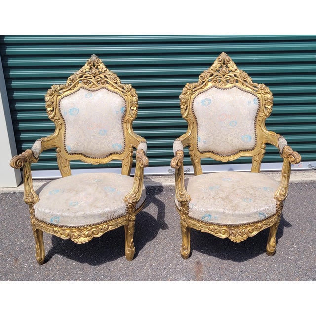 Mid 20th Century A Pair of Oversized Gilt Wood Rococo French Armchairs For Sale - Image 12 of 13